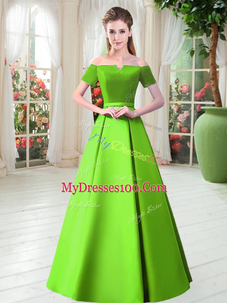 Artistic Floor Length Prom Evening Gown Satin Short Sleeves Belt