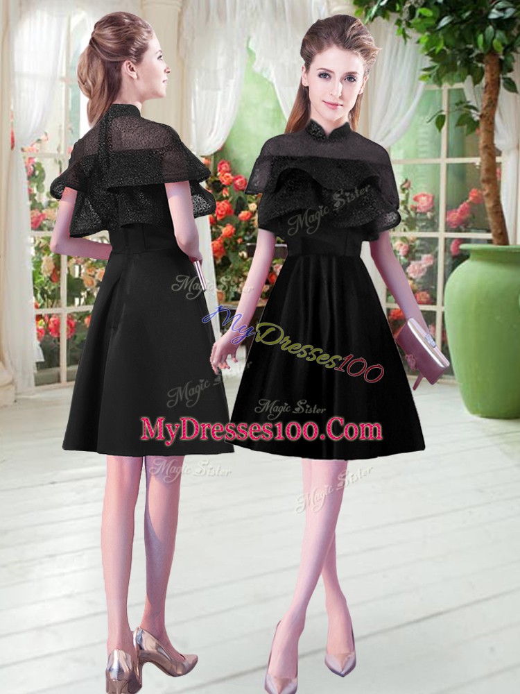 Short Sleeves Satin Knee Length Zipper Prom Dresses in Black with Lace