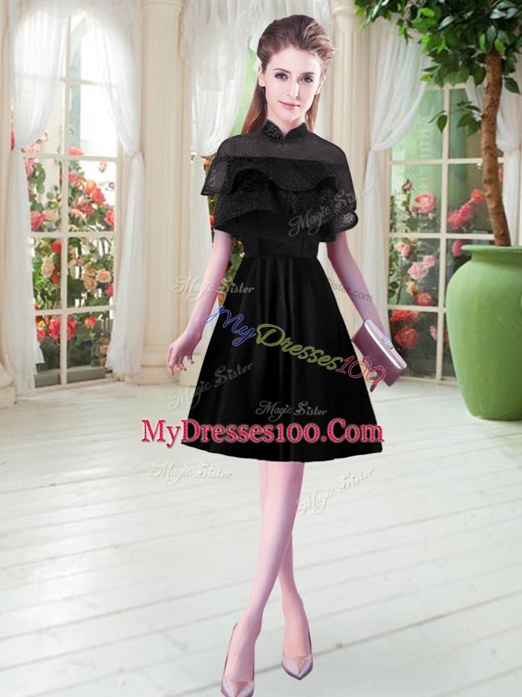 Short Sleeves Satin Knee Length Zipper Prom Dresses in Black with Lace