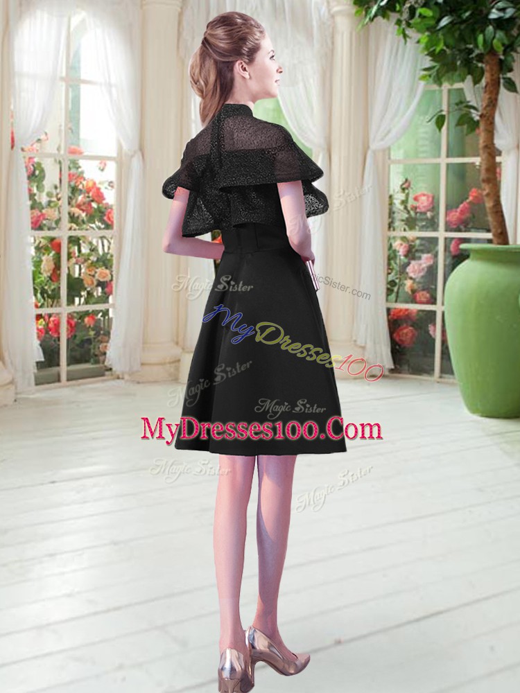 Short Sleeves Satin Knee Length Zipper Prom Dresses in Black with Lace