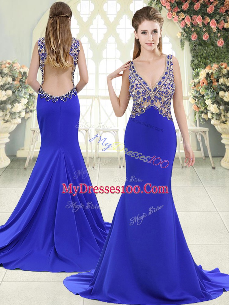 Sweet Sleeveless Beading Backless Prom Gown with Blue Sweep Train