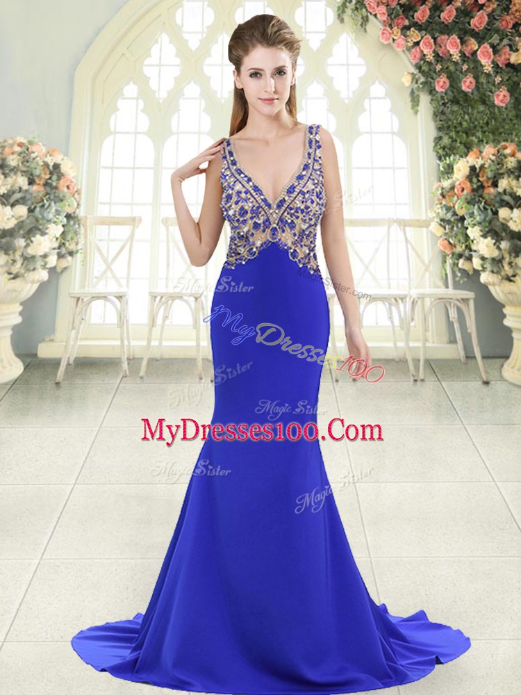 Sweet Sleeveless Beading Backless Prom Gown with Blue Sweep Train