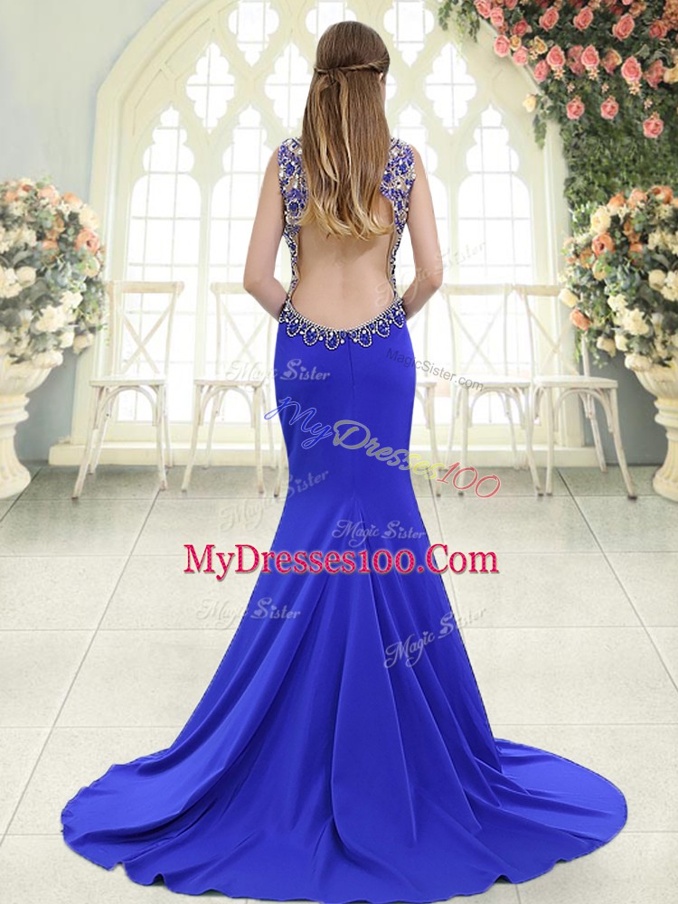 Sweet Sleeveless Beading Backless Prom Gown with Blue Sweep Train