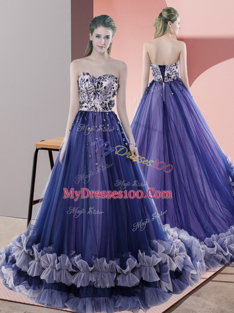Blue Tulle Sweep Train Sleeveless Beading
