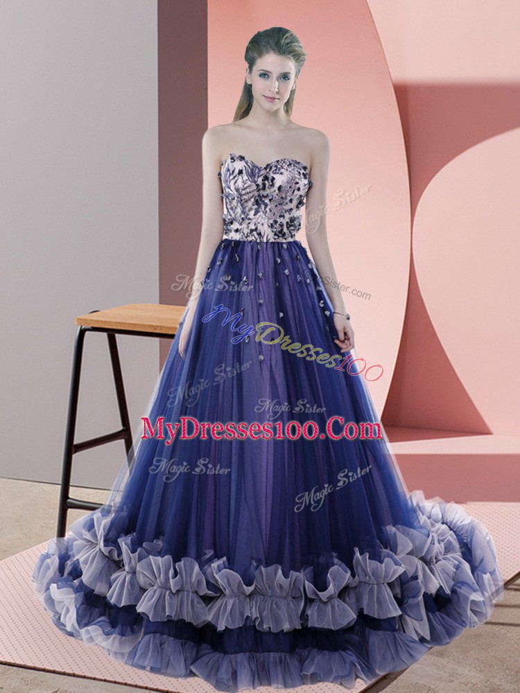 Blue Tulle Sweep Train Sleeveless Beading
