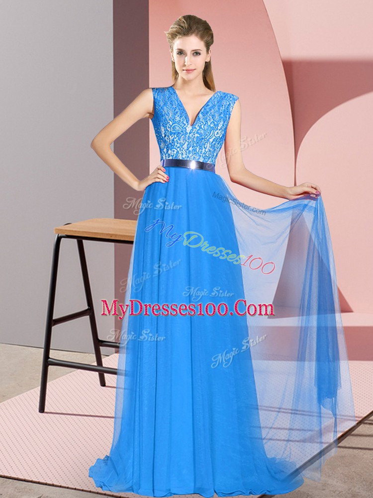 Tulle Sleeveless Prom Dress Sweep Train and Beading and Lace