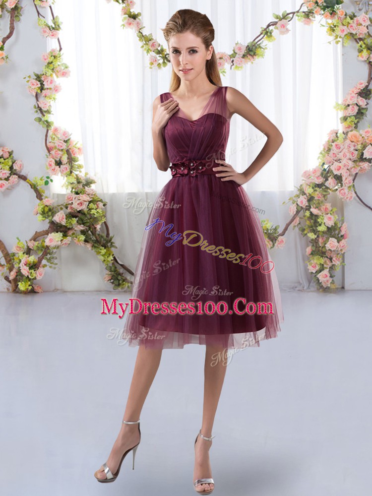 Burgundy V-neck Neckline Appliques Wedding Guest Dresses Sleeveless Zipper