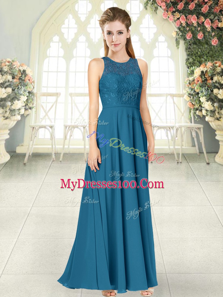 Deluxe Teal Prom Evening Gown Prom and Party with Lace Scoop Sleeveless Backless