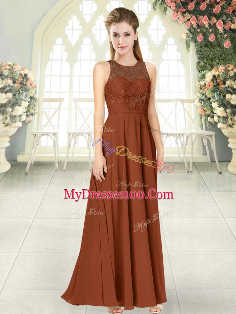 Brown Sleeveless Floor Length Lace Backless Prom Gown