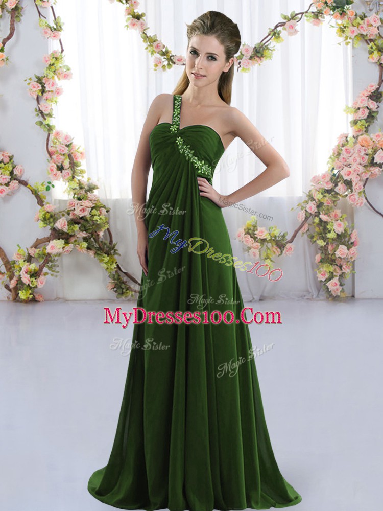 Olive Green Quinceanera Dama Dress One Shoulder Sleeveless Brush Train Lace Up
