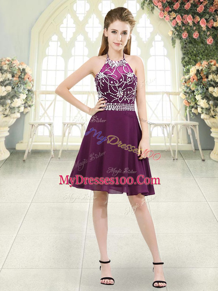 Luxury Beading Womens Evening Dresses Purple Zipper Sleeveless Knee Length