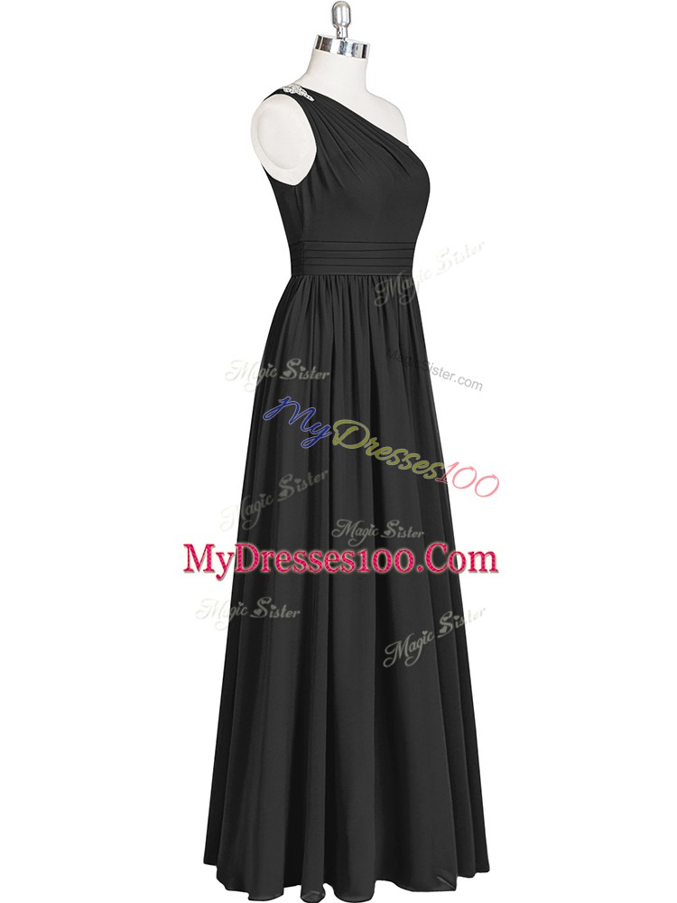 One Shoulder Sleeveless Chiffon Evening Gowns Ruching Zipper