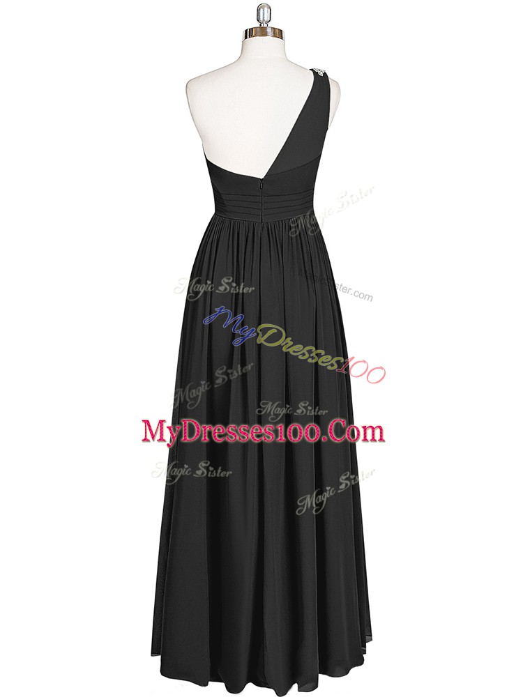 One Shoulder Sleeveless Chiffon Evening Gowns Ruching Zipper