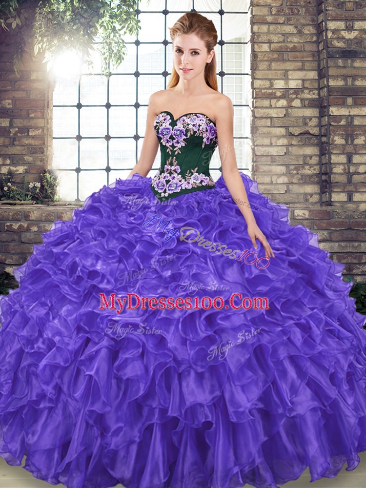 Sweetheart Sleeveless Organza Sweet 16 Dress Embroidery and Ruffles Sweep Train Lace Up