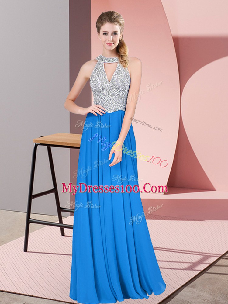 Modest Beading Dress for Prom Blue Zipper Sleeveless Floor Length