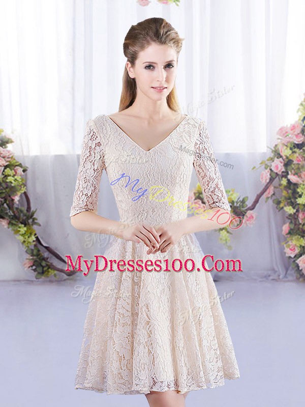 Scoop Short Sleeves Wedding Party Dress Lace Lace Up