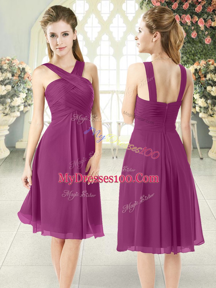 Fine Ruching Prom Gown Purple Zipper Sleeveless Knee Length