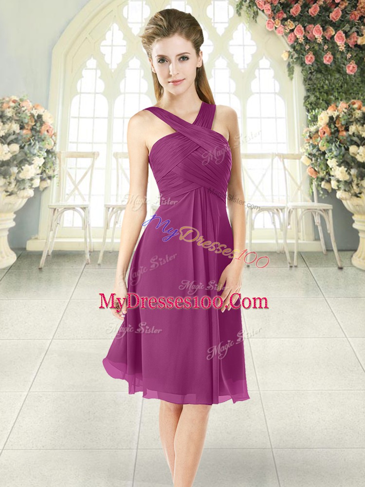 Fine Ruching Prom Gown Purple Zipper Sleeveless Knee Length