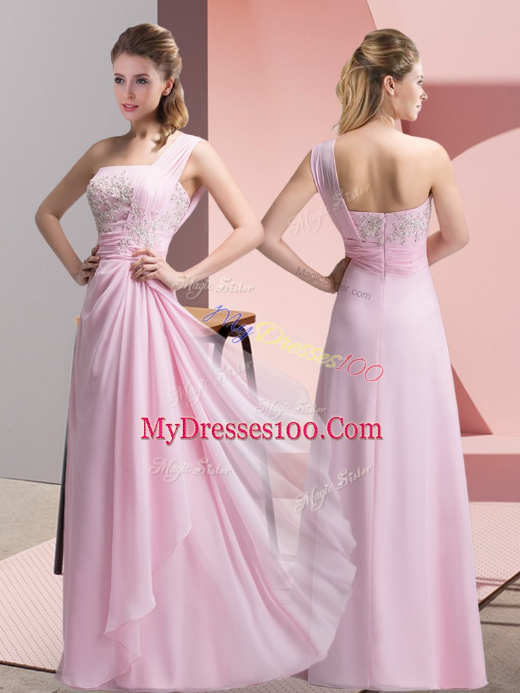 Beading and Appliques Prom Dresses Baby Pink Zipper Sleeveless Floor Length