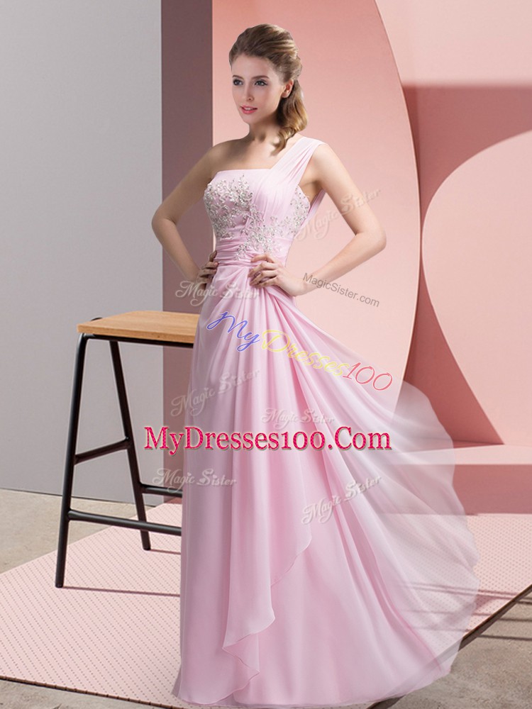 Beading and Appliques Prom Dresses Baby Pink Zipper Sleeveless Floor Length