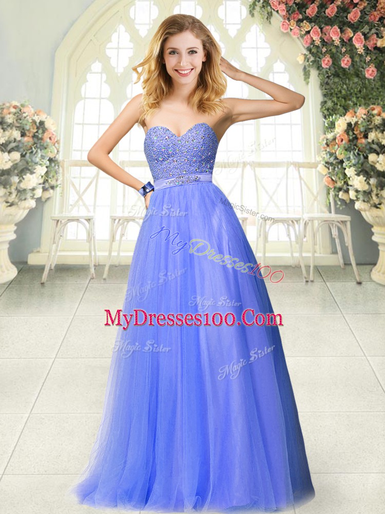 Custom Designed Blue Sleeveless Floor Length Beading Zipper Prom Dress