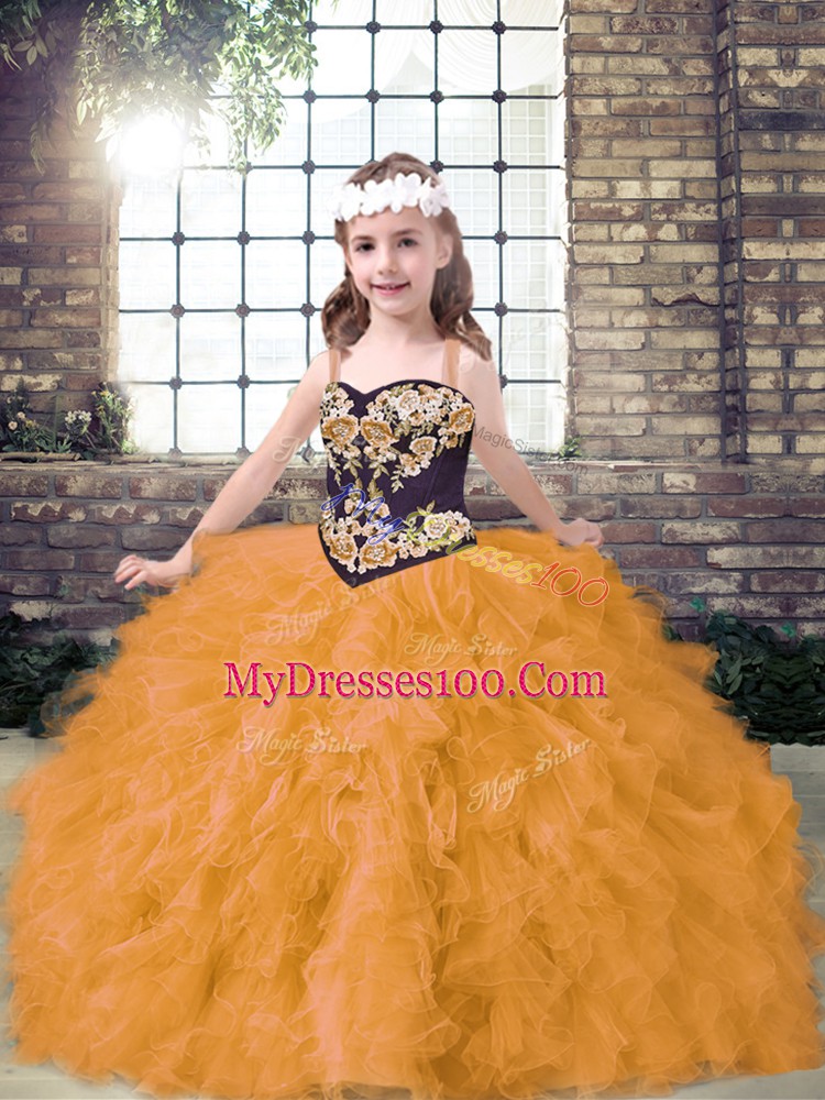 Gold Sleeveless Embroidery and Ruffles Floor Length Evening Gowns