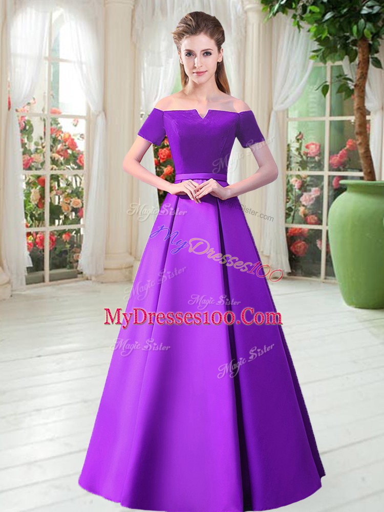 Extravagant Short Sleeves Satin Floor Length Lace Up Evening Dress in Purple with Belt