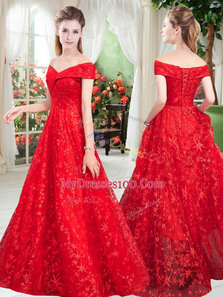 A-line Prom Gown Red Off The Shoulder Lace Sleeveless Floor Length Lace Up