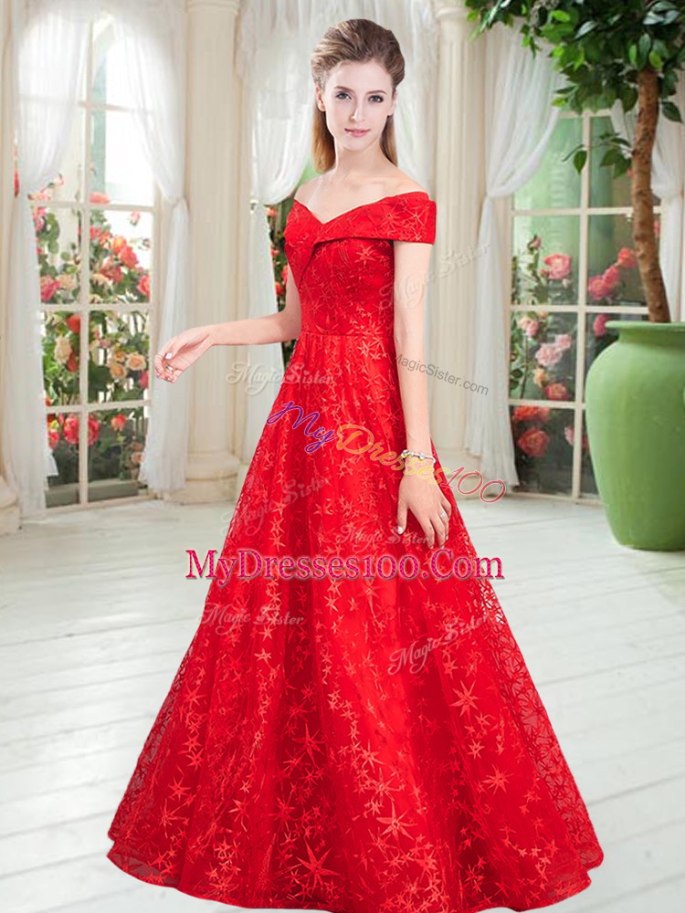 A-line Prom Gown Red Off The Shoulder Lace Sleeveless Floor Length Lace Up