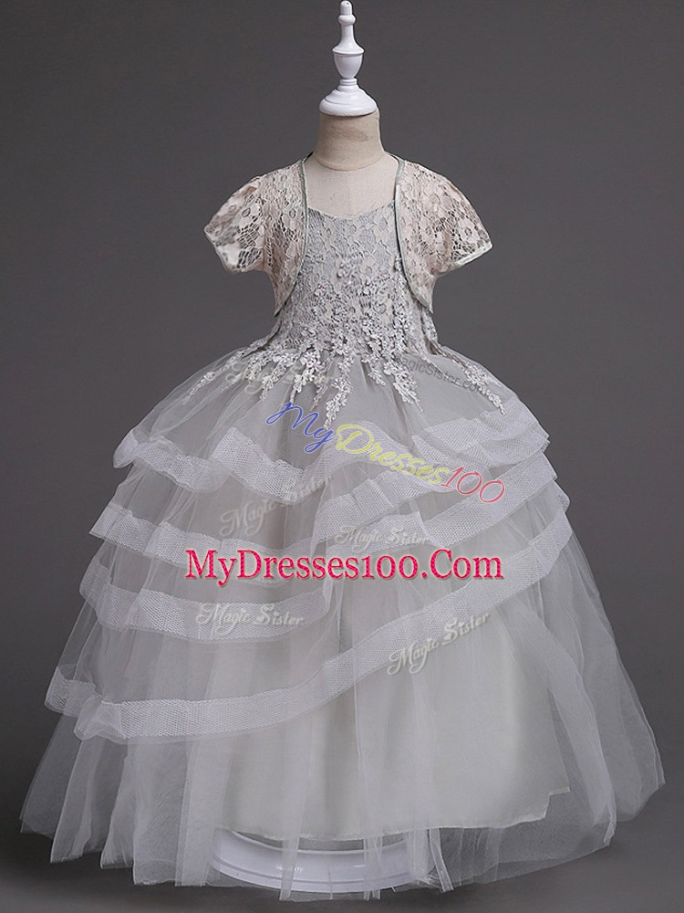 Grey Spaghetti Straps Zipper Appliques and Ruffled Layers Flower Girl Dresses Sleeveless