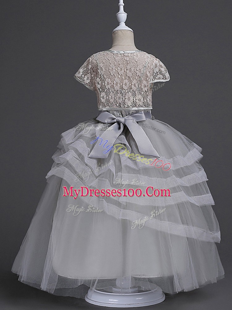 Grey Spaghetti Straps Zipper Appliques and Ruffled Layers Flower Girl Dresses Sleeveless