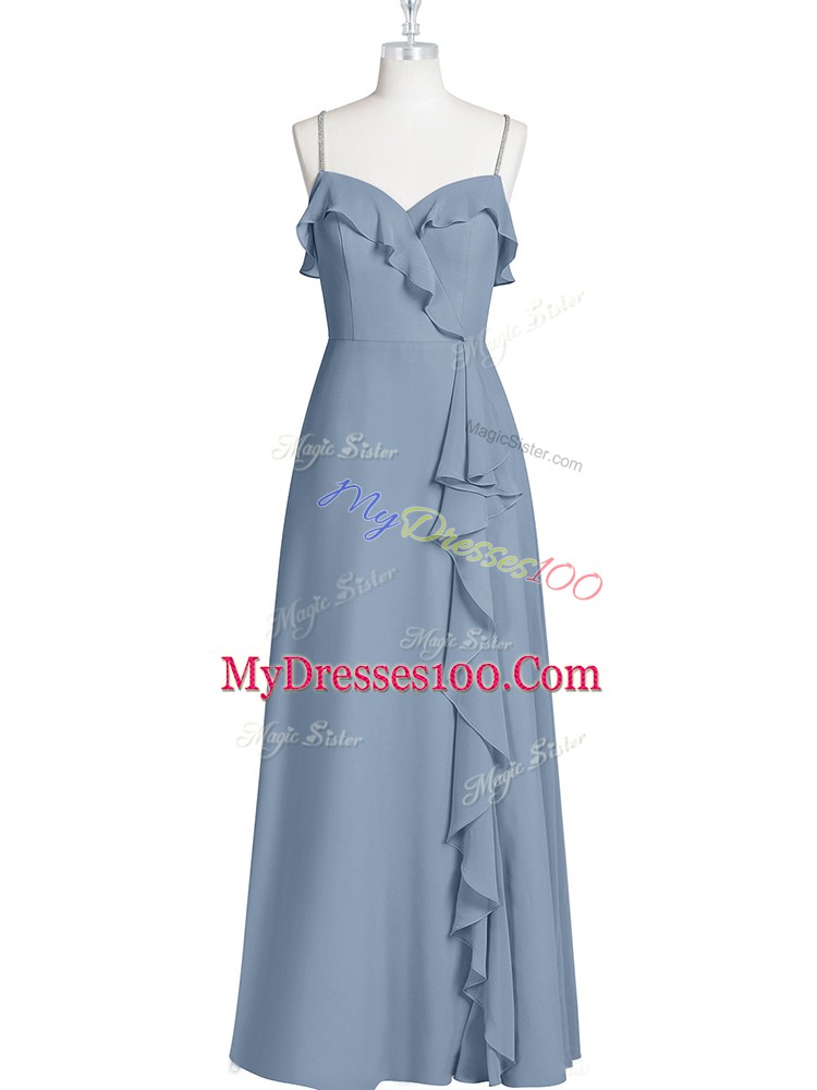 On Sale Spaghetti Straps Sleeveless Zipper Prom Party Dress Blue Chiffon