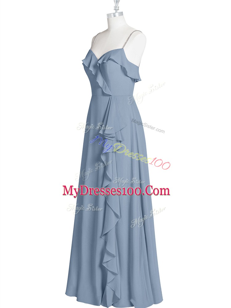 On Sale Spaghetti Straps Sleeveless Zipper Prom Party Dress Blue Chiffon