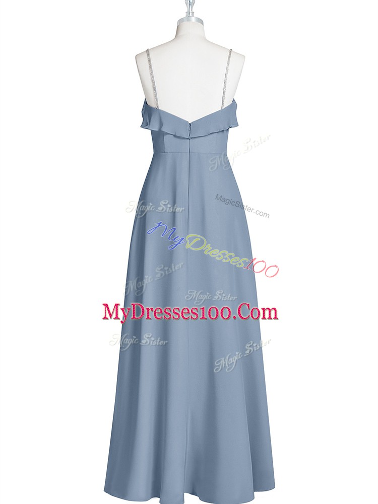 On Sale Spaghetti Straps Sleeveless Zipper Prom Party Dress Blue Chiffon