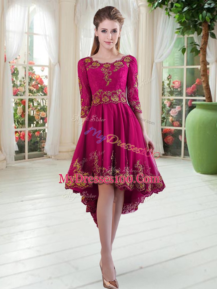 Chic Fuchsia A-line Embroidery Prom Evening Gown Lace Up Satin Long Sleeves High Low