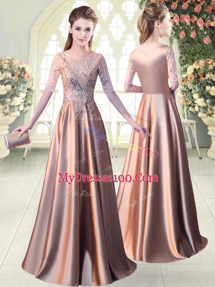 Modern Half Sleeves Floor Length Sequins Zipper Prom Gown with Pink