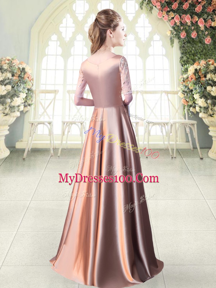 Modern Half Sleeves Floor Length Sequins Zipper Prom Gown with Pink