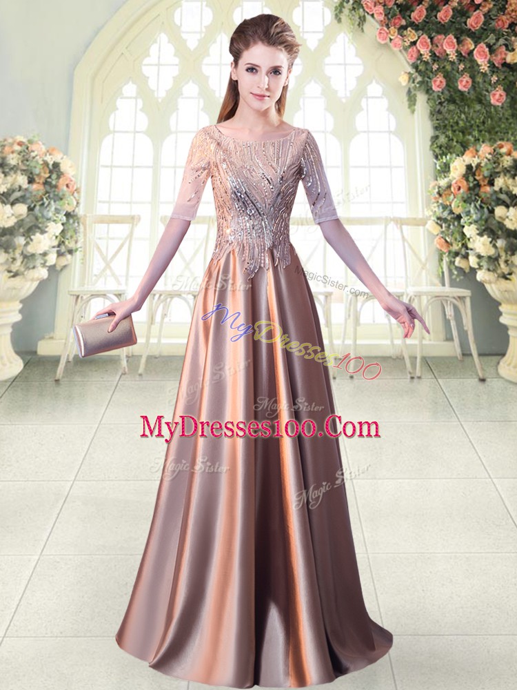 Modern Half Sleeves Floor Length Sequins Zipper Prom Gown with Pink