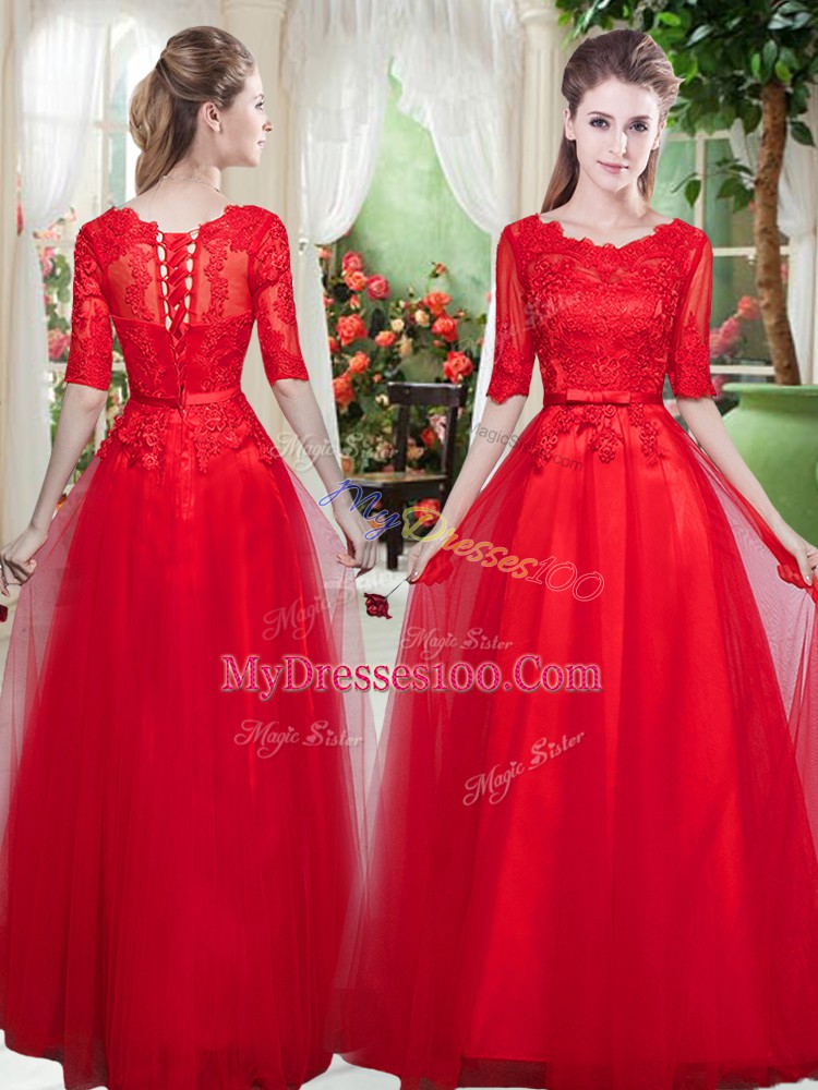 Red Scoop Neckline Lace Prom Dress Half Sleeves Lace Up