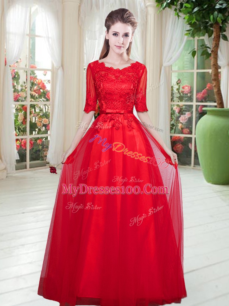 Red Scoop Neckline Lace Prom Dress Half Sleeves Lace Up