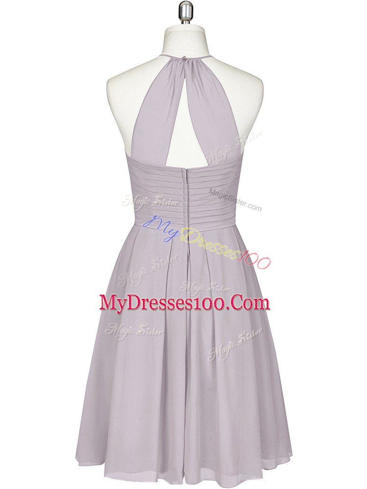 Grey Chiffon Zipper Halter Top Sleeveless Knee Length Prom Dress Ruching