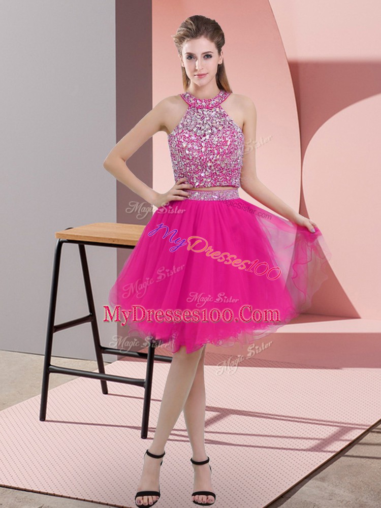 Amazing Hot Pink Dress for Prom Prom and Party with Beading Halter Top Sleeveless Backless