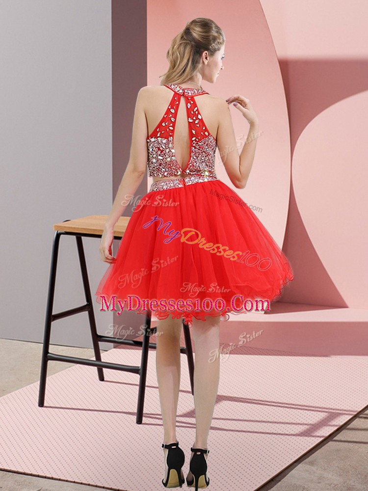 Amazing Hot Pink Dress for Prom Prom and Party with Beading Halter Top Sleeveless Backless