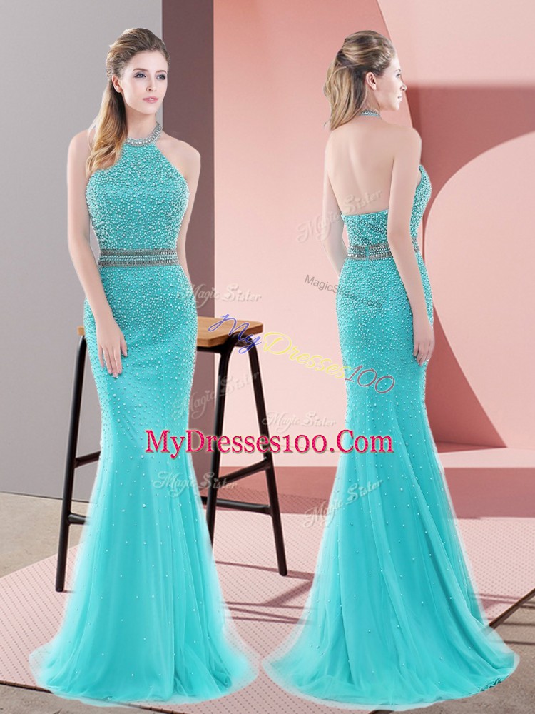 High End Aqua Blue Mermaid Halter Top Sleeveless Tulle Sweep Train Backless Beading