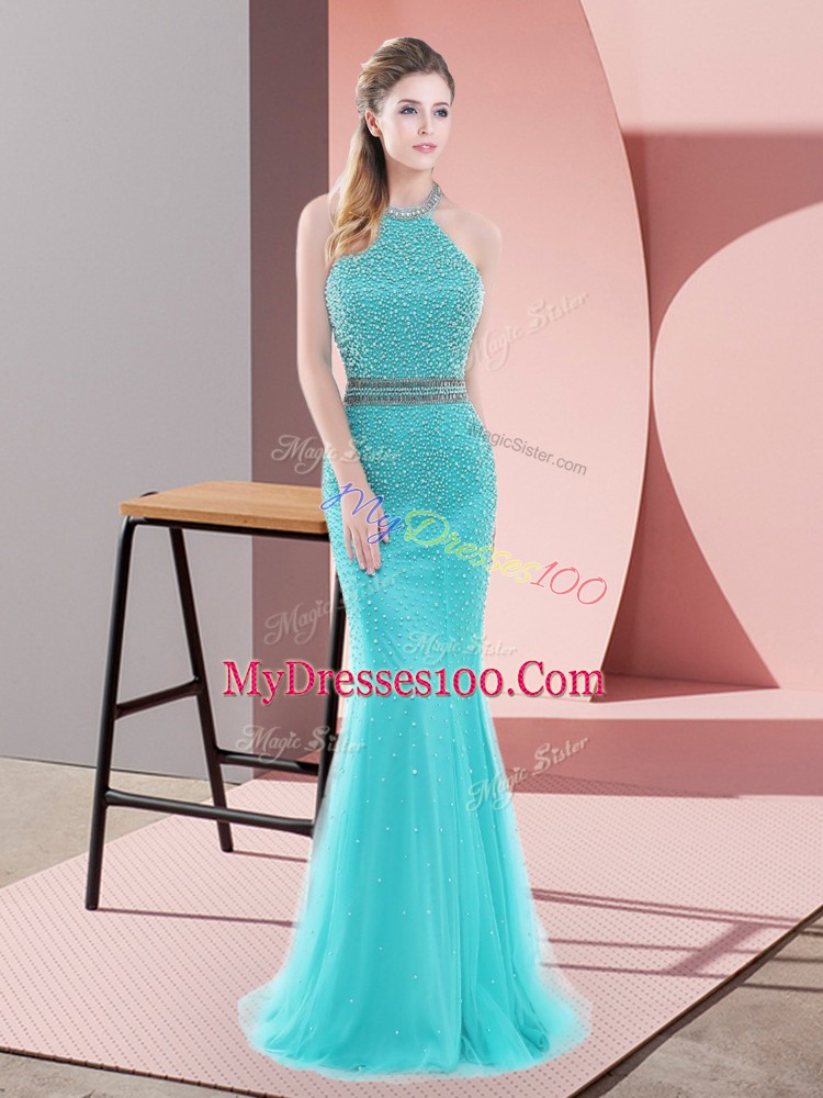 High End Aqua Blue Mermaid Halter Top Sleeveless Tulle Sweep Train Backless Beading