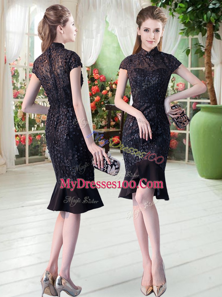 Sweet Black Short Sleeves Lace Knee Length Prom Evening Gown