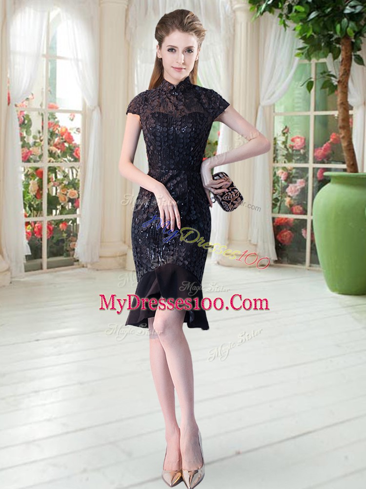 Sweet Black Short Sleeves Lace Knee Length Prom Evening Gown