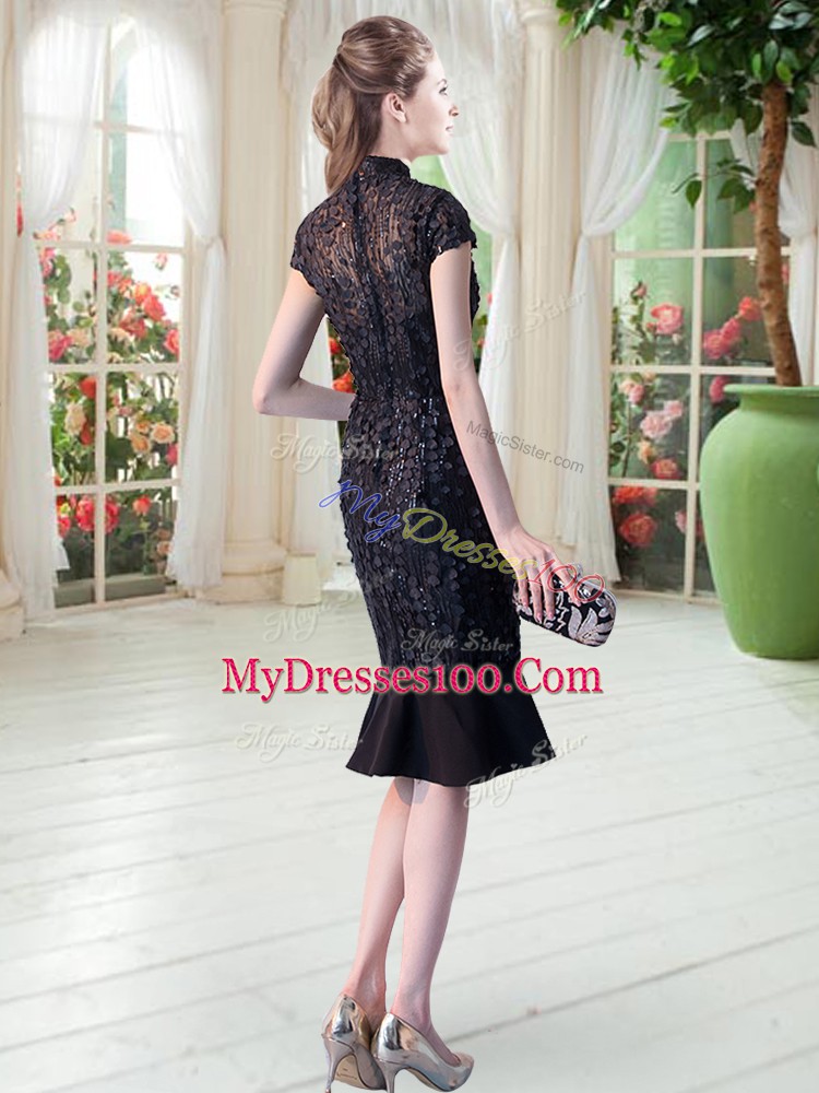 Sweet Black Short Sleeves Lace Knee Length Prom Evening Gown