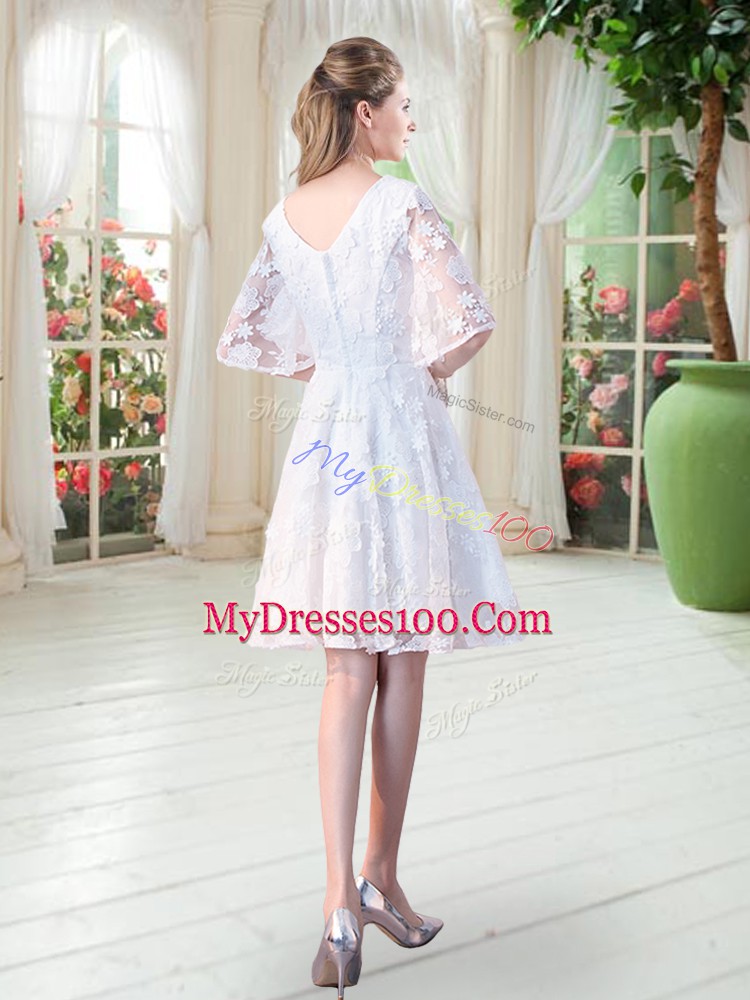 White Zipper Homecoming Dress Half Sleeves Knee Length Lace