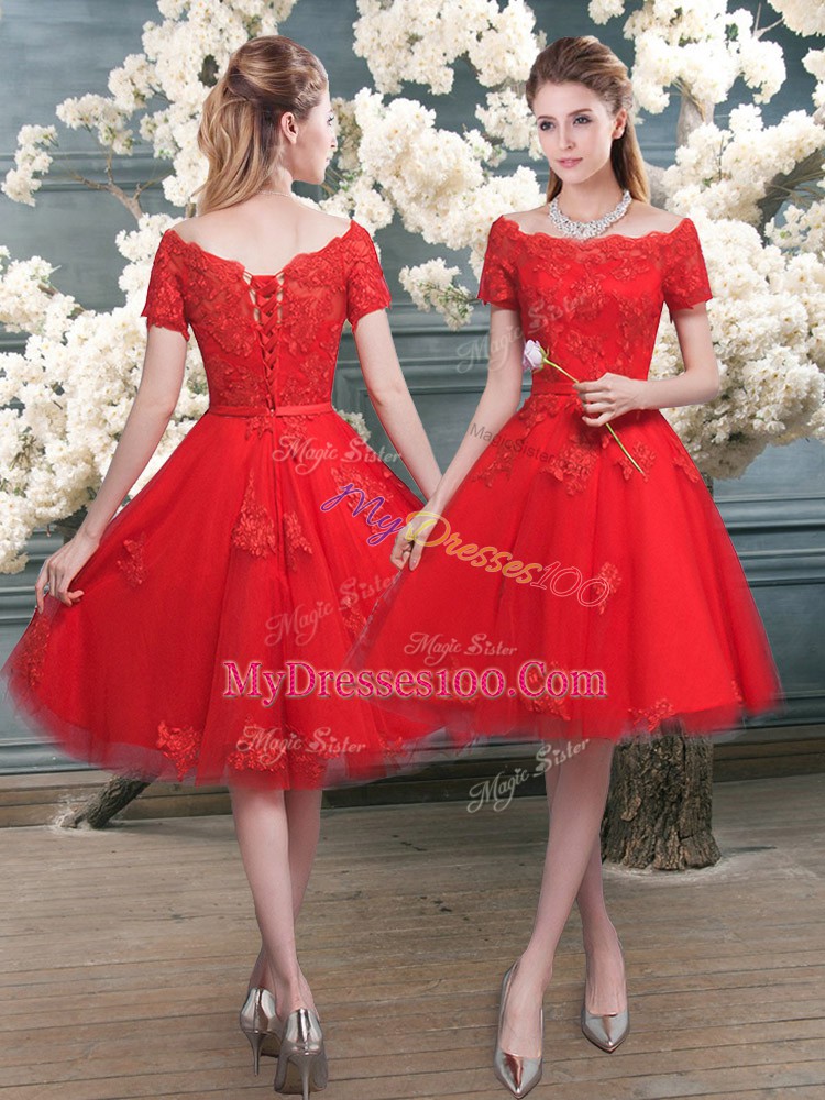 Red Tulle Lace Up Prom Evening Gown Short Sleeves Knee Length Lace